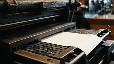 close-up of a vintage printing press with paper