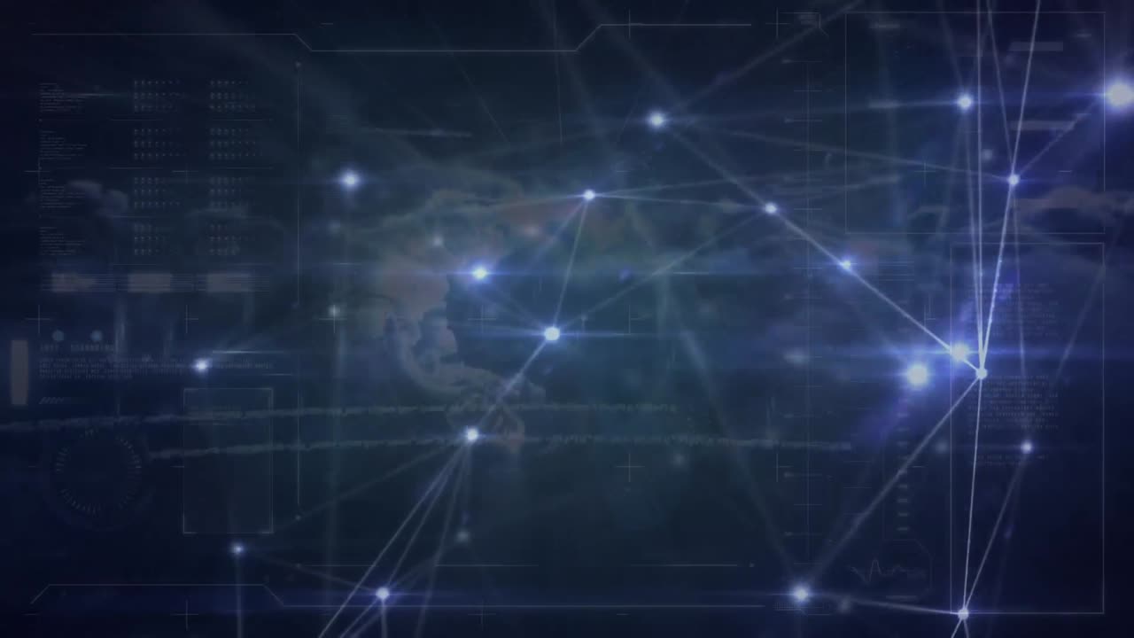 animación de redes de conexiones con iconos y globo sobre el cielo