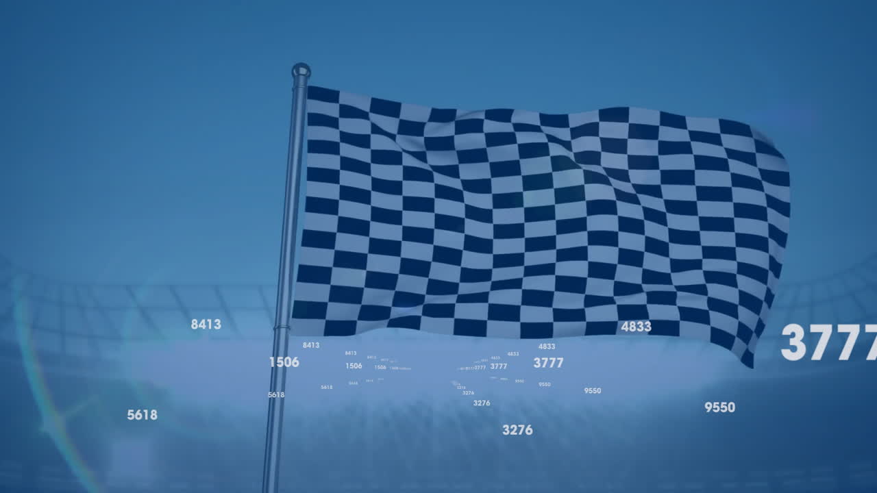 Waving checkered flag in stadium, animation of numbers floating in air