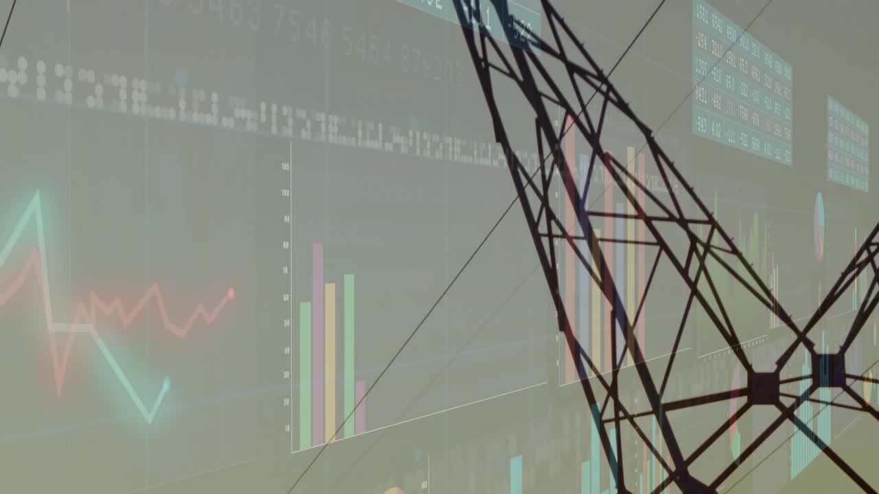 Tower silhouette floating over data overlay, showing bar or line charts, pie segments and tables