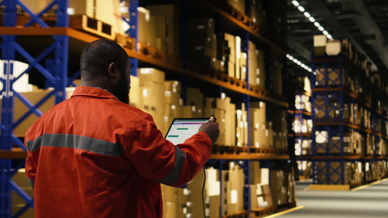 African american personnel scanning barcodes and shipment tags on tablet