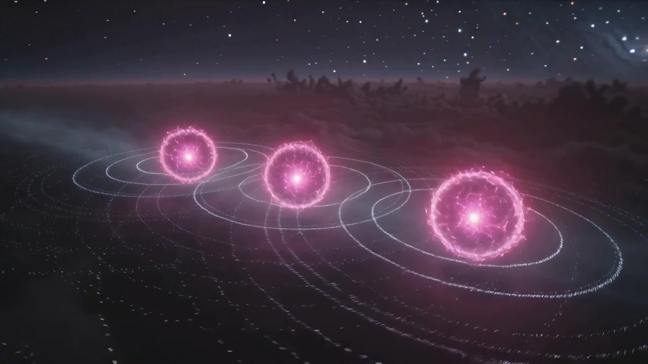 Panning right showing three pink energy spheres drifting over dotted plain, leaving growing rings