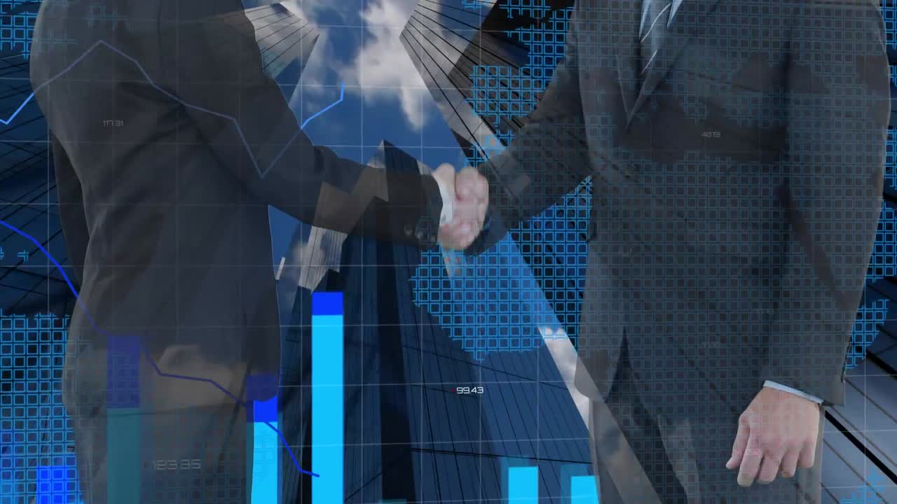 통계 데이터 처리의 디지털 구성 사업가들이 높은 b에 손을 흔들고 있습니다.