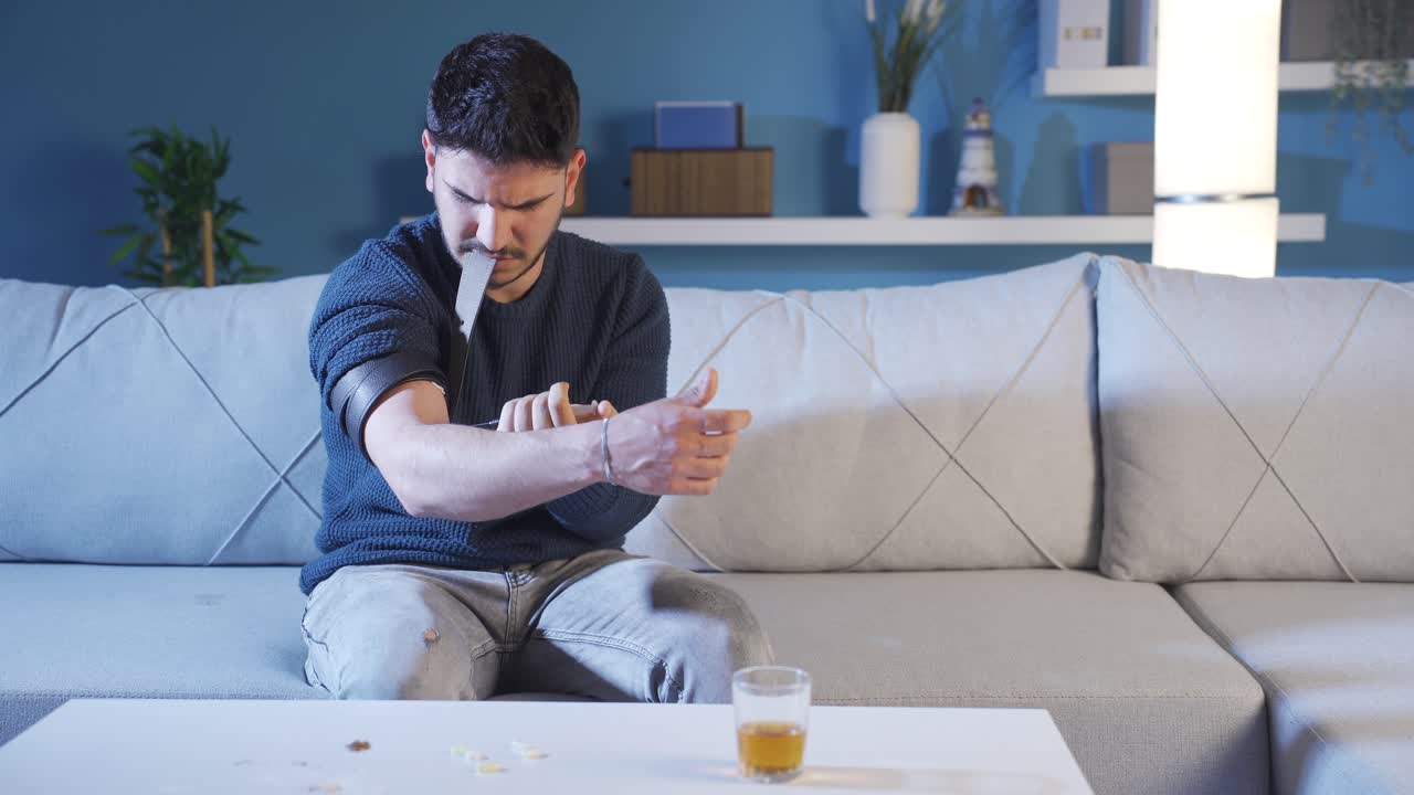 él cae en un coma de drogas, se desmaya de la alta dosis, entra en crisis.