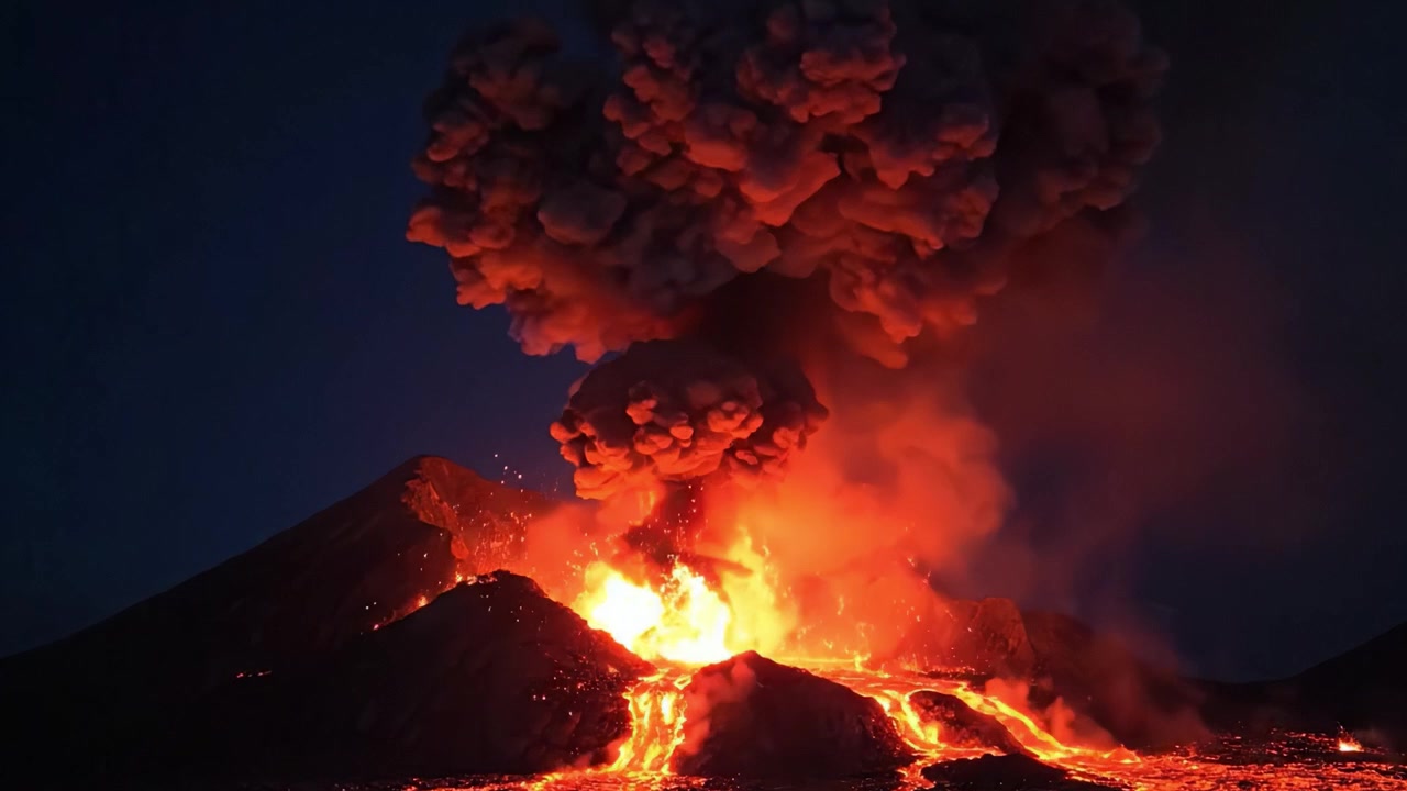 自然の猛威を畏敬の念を抱かせる光景：夕暮れの空に爆発的な溶岩流と立ち上る火山灰の雲を伴う火山噴火。