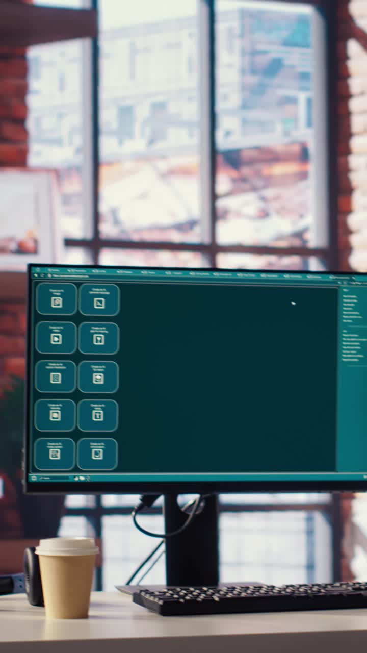 Vertical video PC in home office with AI LLM chatbot answering users