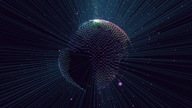 Abstract technology background featuring a glowing particle sphere with radiating light streaks, representing global data transfer, artificial intelligence, and connectivity