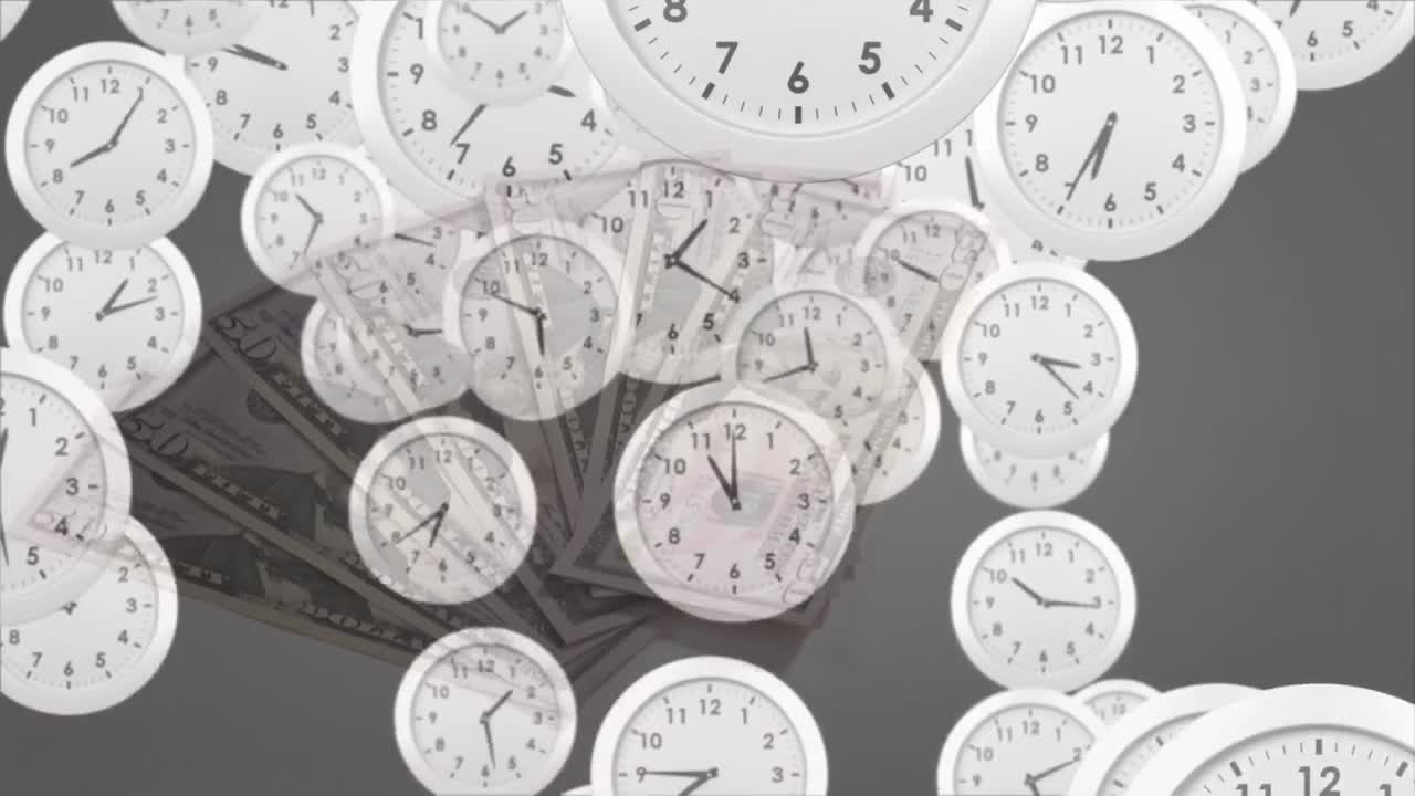 미국 달러 통화 지폐 위에서 시계가 뛰는 애니메이션