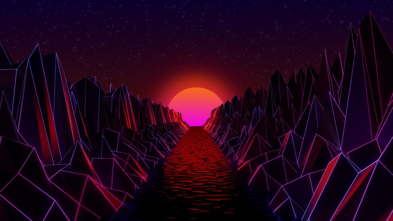 Paesaggio synthwave generato al computer in 3D con montagne e fiume