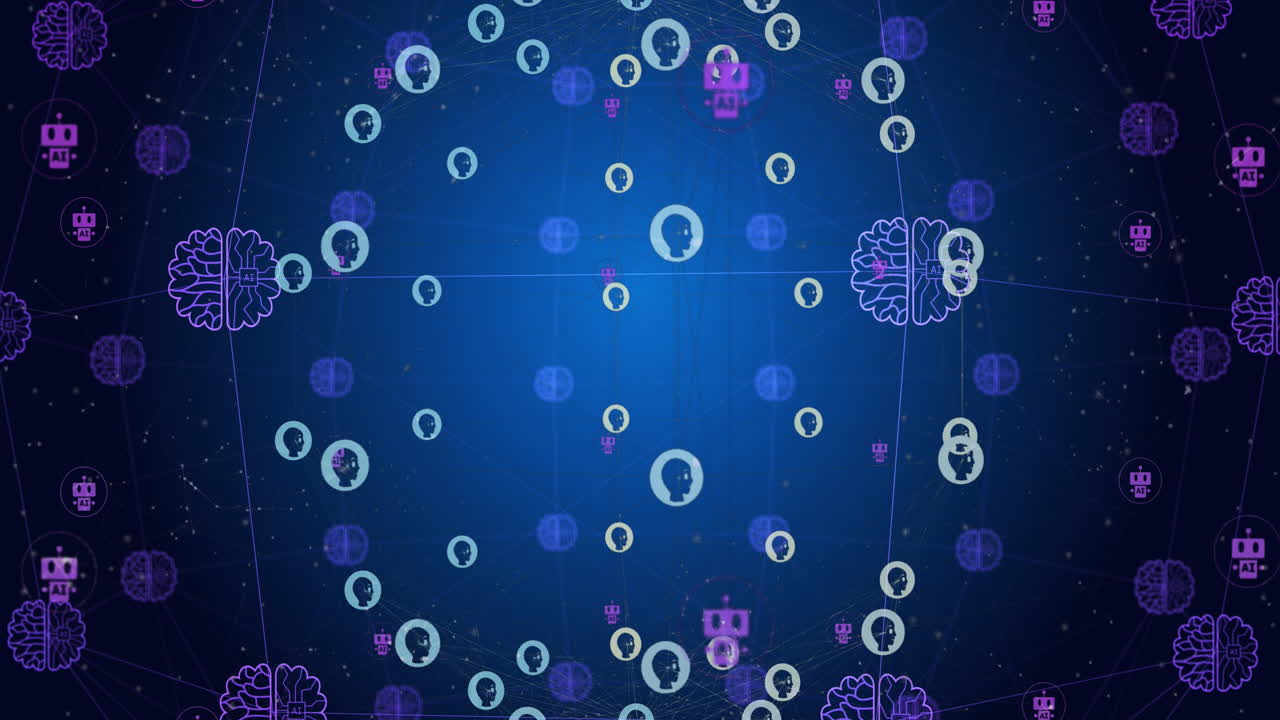 Animation of ai data processing with icons and network of connections
