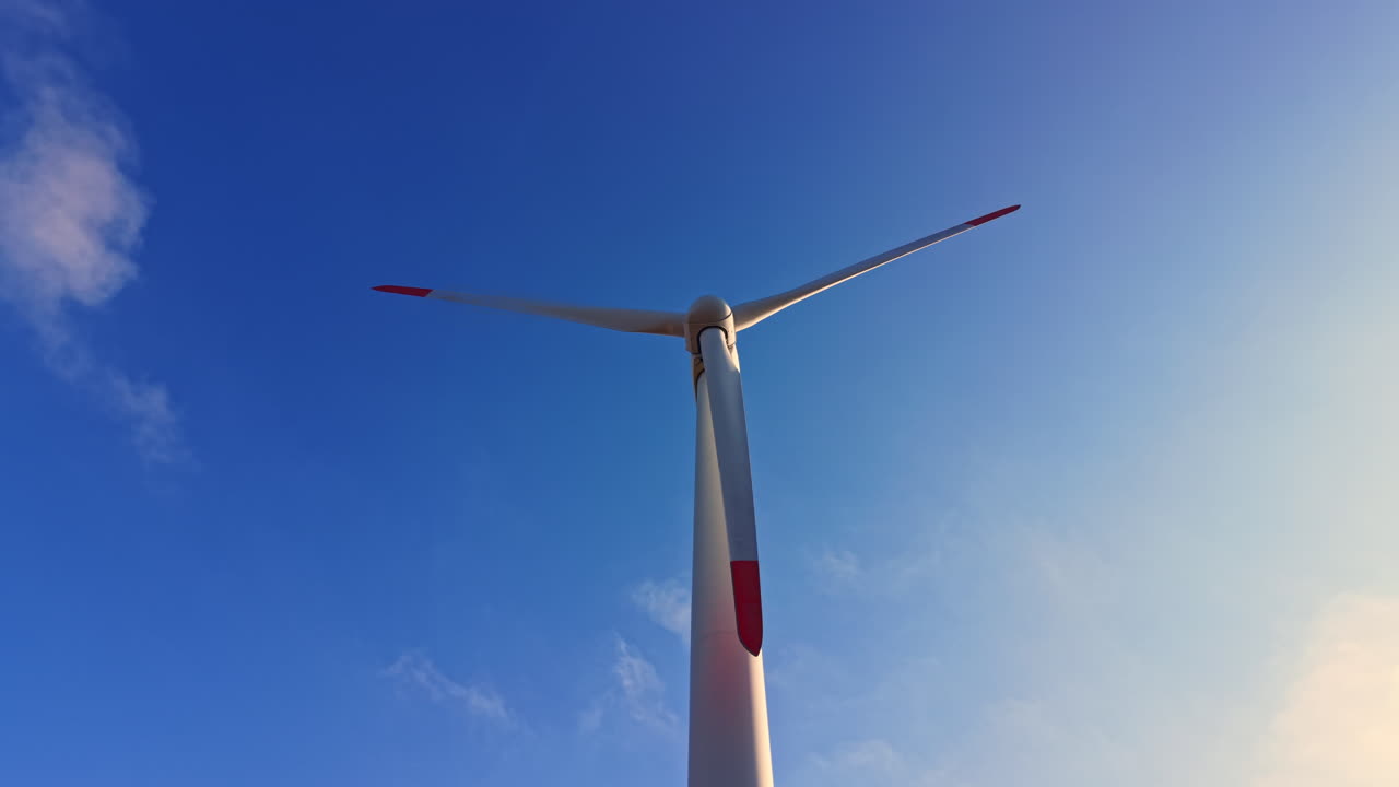 Una turbina eolica si erge imponente contro un cielo azzurro e limpido, catturando l'energia eolica in un parco eolico durante le ore diurne in una zona rurale.