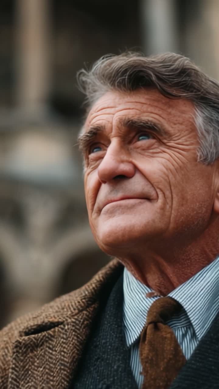 Momenti Accattivanti: Un Uomo Pensieroso che Guarda Verso l'Alto, Riflettendo sui Percorsi e i Ricordi della Vita in un Contesto Senza Tempo di Grazia ed Eleganza.