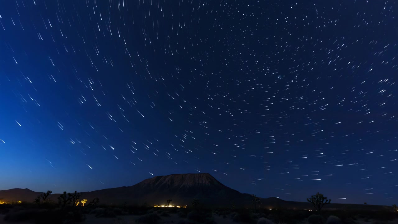 Una vista amplia de una escarpada cordillera desértica bajo un cielo nocturno despejado y lleno de estrellas. El terreno árido en primer plano con arbustos dispersos conduce a picos distantes y un horizonte tranquilo y remoto