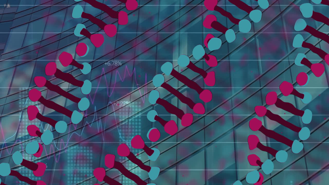 dna 줄무의 애니메이션과 사무실 건물 위의 데이터 처리