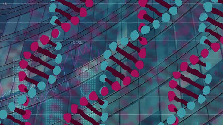 Animation of dna strands and data processing over office building