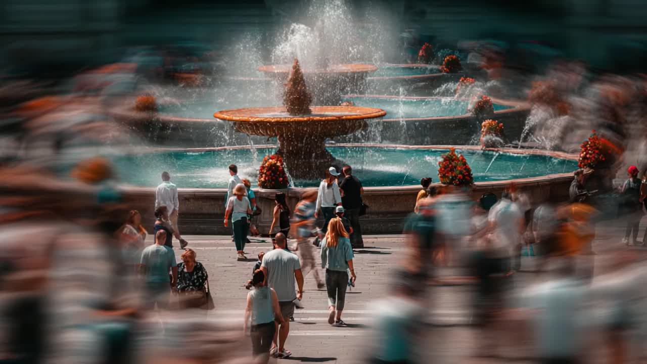 A Blurred Perspective on a Bustling Fountain Square with Visitors Enjoying the Water Features and Seasonal Floral Decorations Amidst the Vibrant Atmosphere