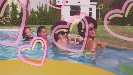 In pool, women relaxing with heart animations overlaying water scene