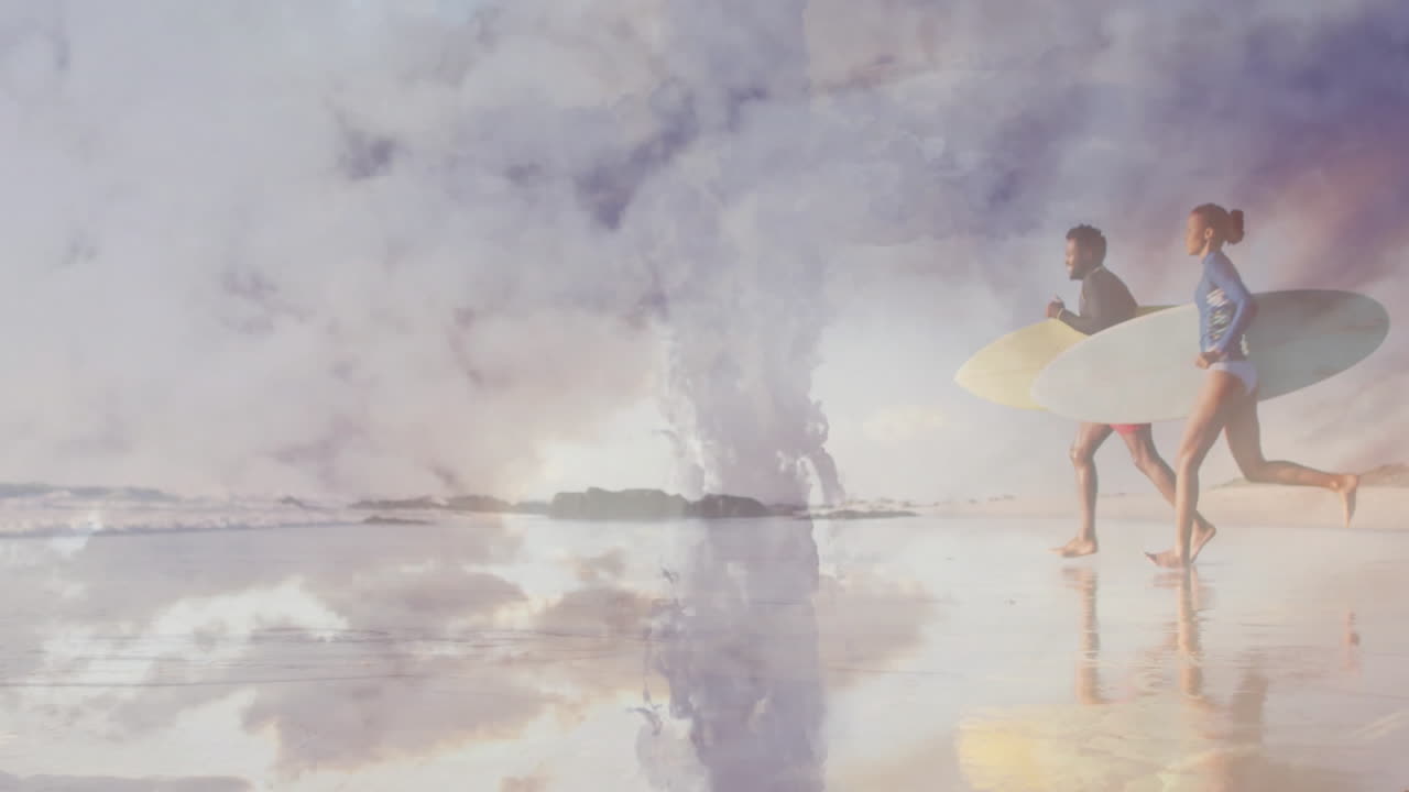 Surfers running on wet sand with surfboards, showing health charts and wave icons