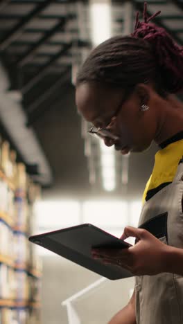 vertical video black woman staff using a barcode scanner to process shipping labels
