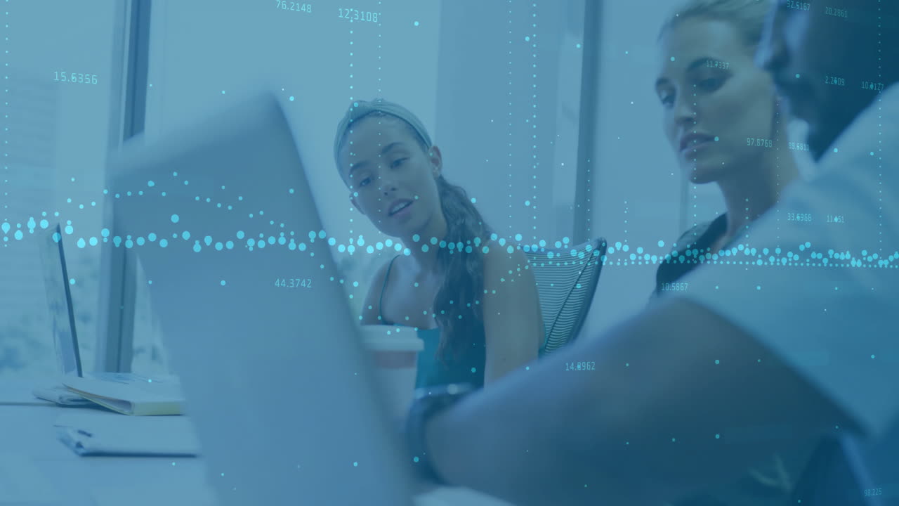 Animation of financial data processing over diverse business people using laptop