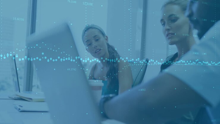 Animation of financial data processing over diverse business people using laptop