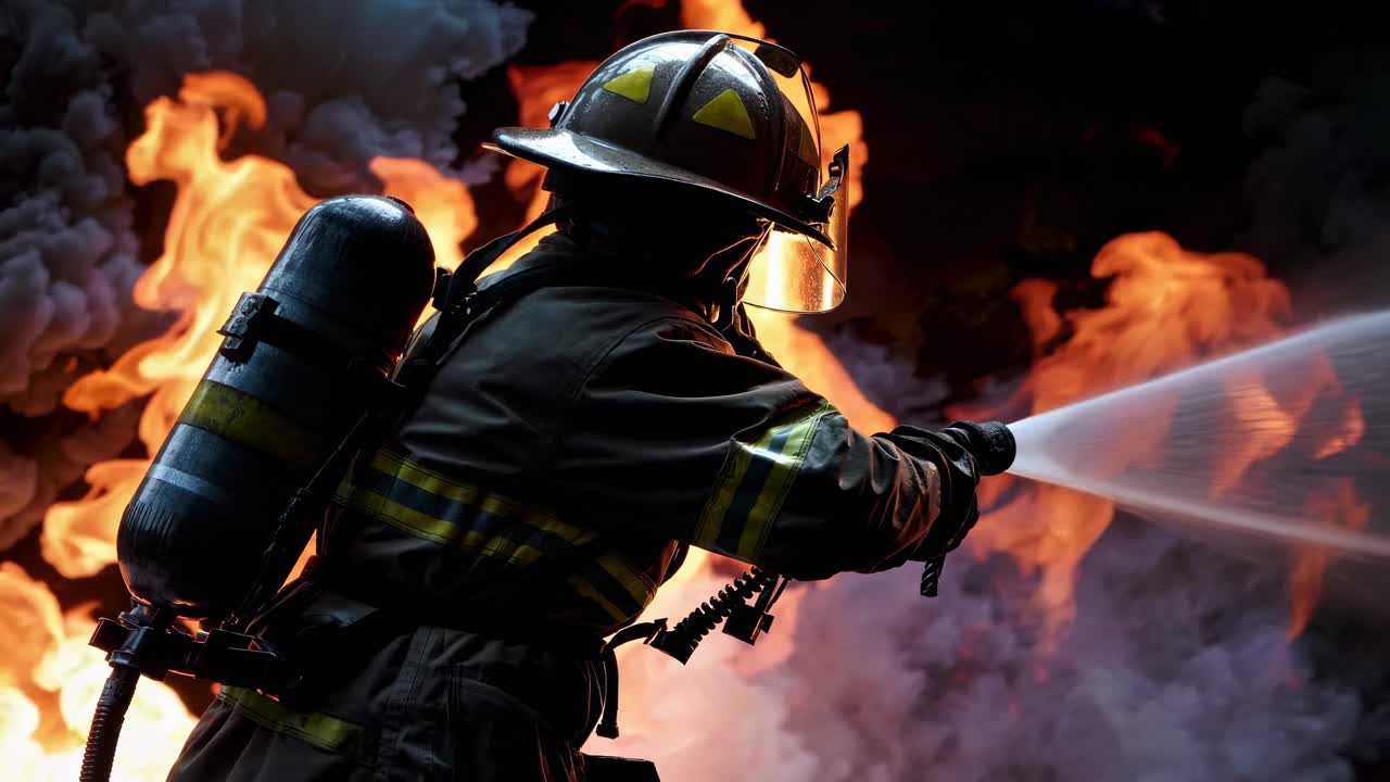 Drammatico scatto dal basso di un pompiere che combatte contro fiamme intense, che mostra coraggio