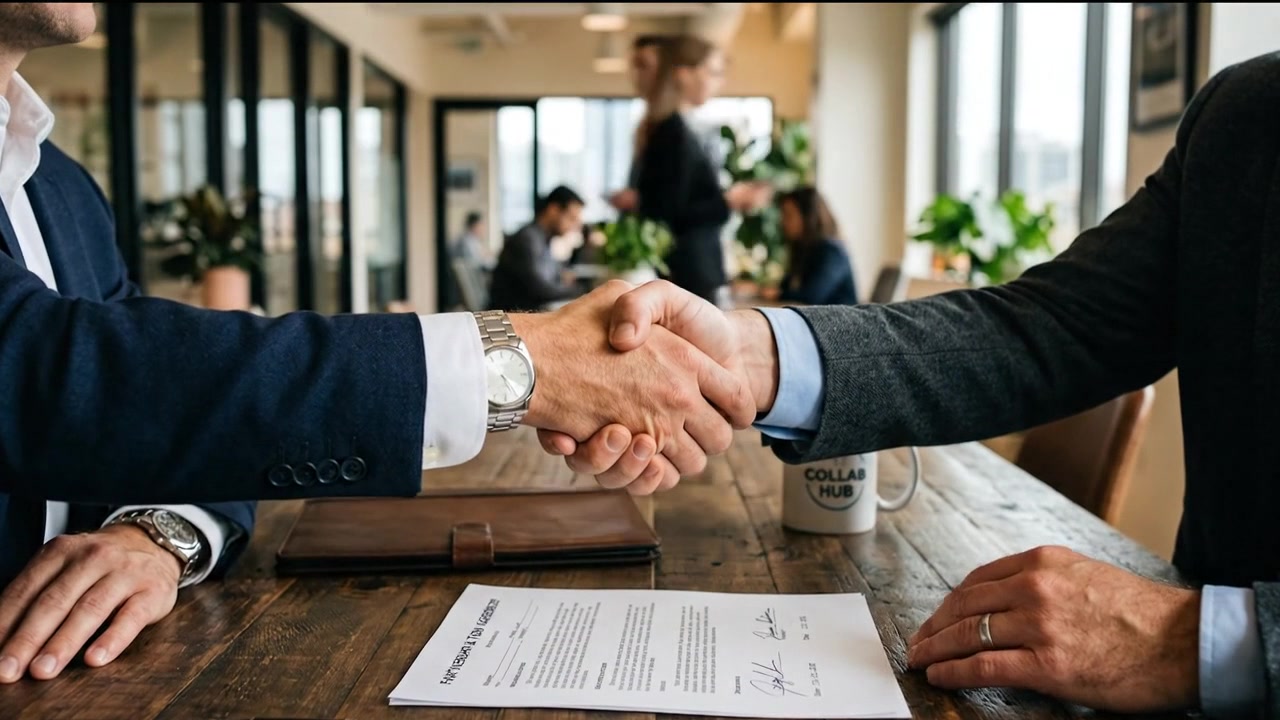 Primer plano de profesionales de negocios dándose la mano sobre una mesa de reuniones