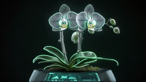 orquídea brillante en una olla futurista