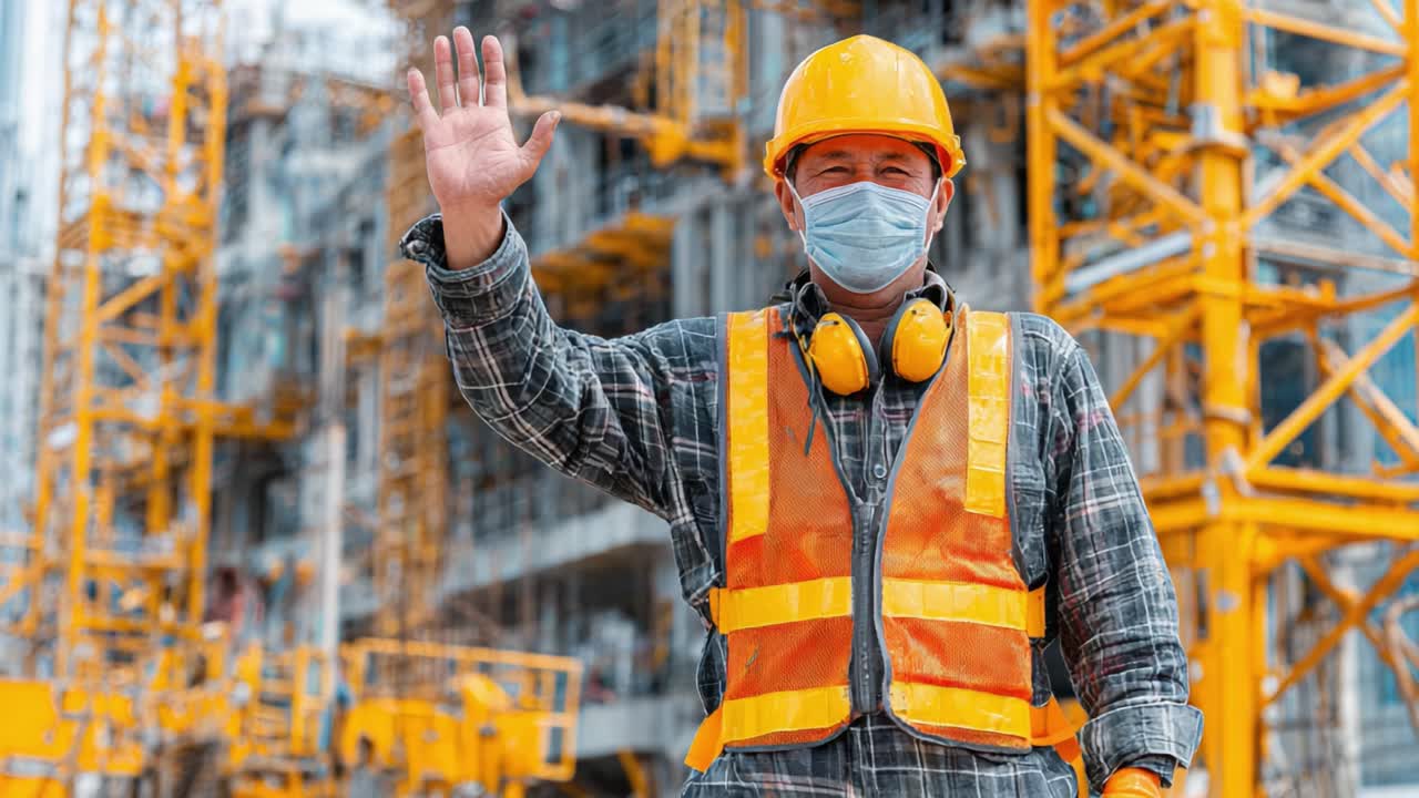 Operaio edile che saluta davanti a un cantiere, che mostra dispositivi di sicurezza, cappello e gilet giallo tra lavori in corso e attività di macchinari