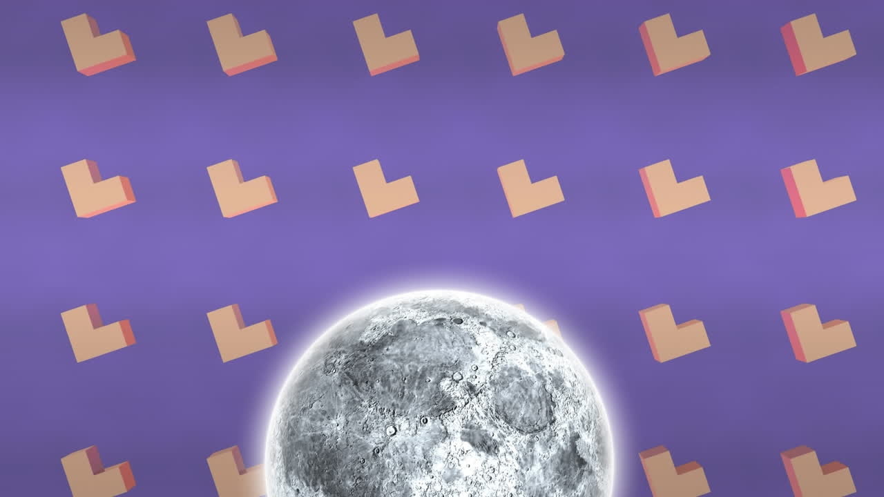 회전하는 모양으로 보라색 배경 위에 나타나는 달의 애니메이션