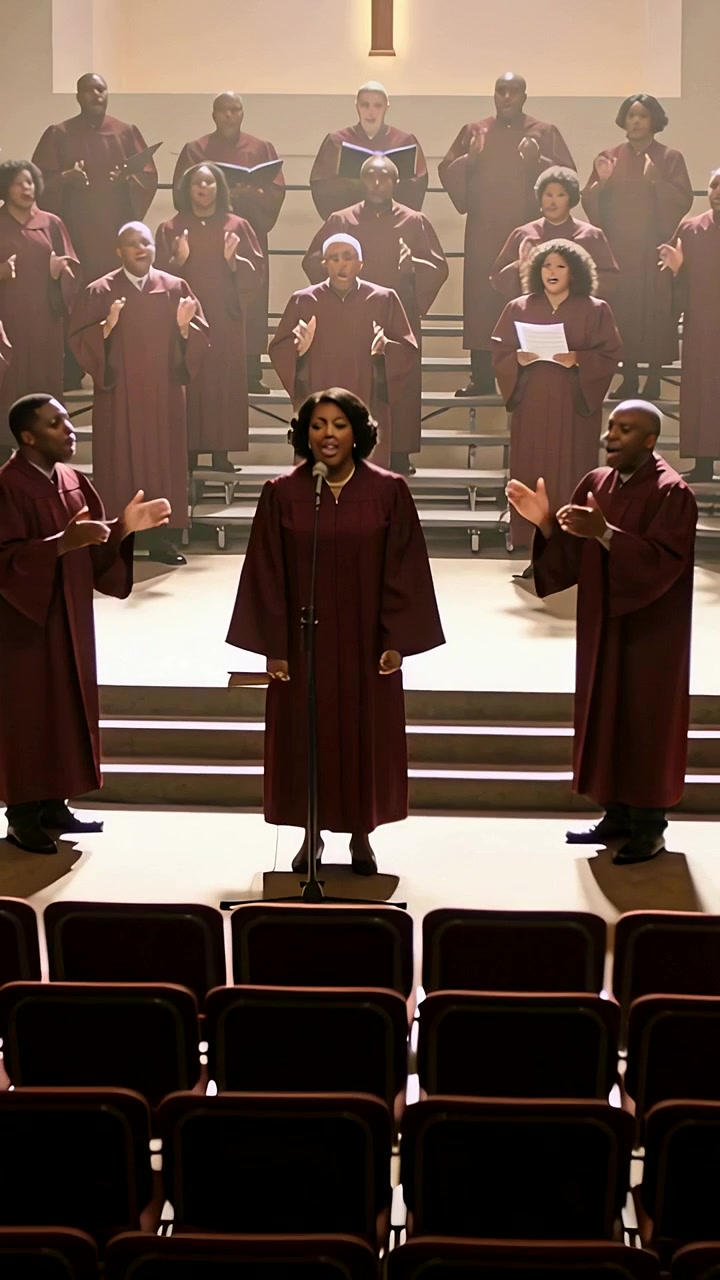 Video verticale: Solista che canta in una veste bordeaux apre il microfono della chiesa, guidando la lode mentre il coro applaude.