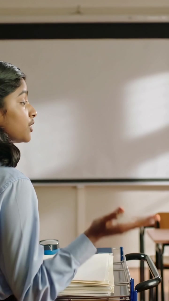 Vertical video: Starting talk student raising hand presenting class blue top cart files, copy space
