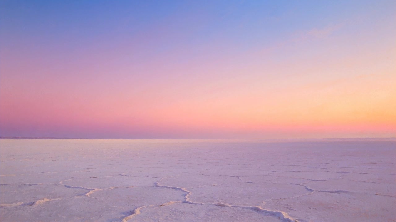 Sun rising painting pastel sky and warming salt-crusted ground on salt flat with polygonal cracks