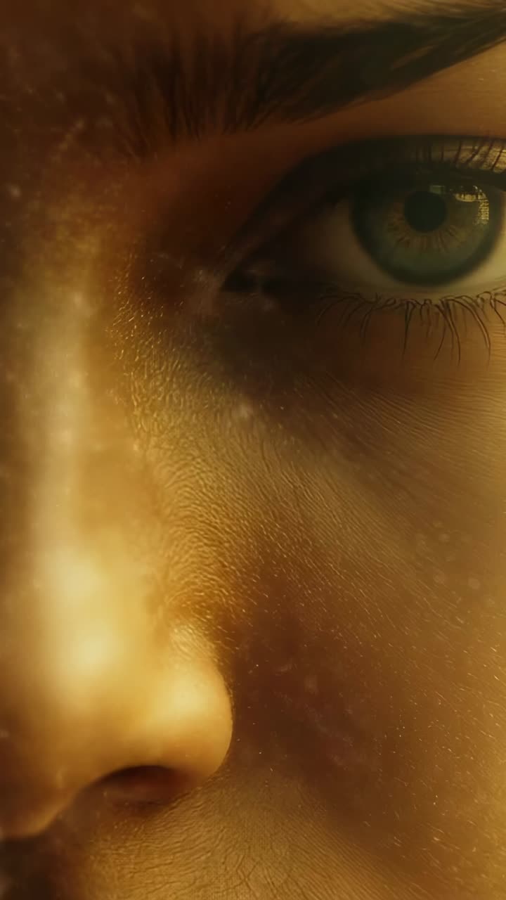 Vertical video: Drifting golden mist shifting over right face revealing nose and eye in warm haze