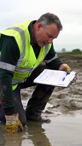 worker in high-visibility vest examining muddy ground