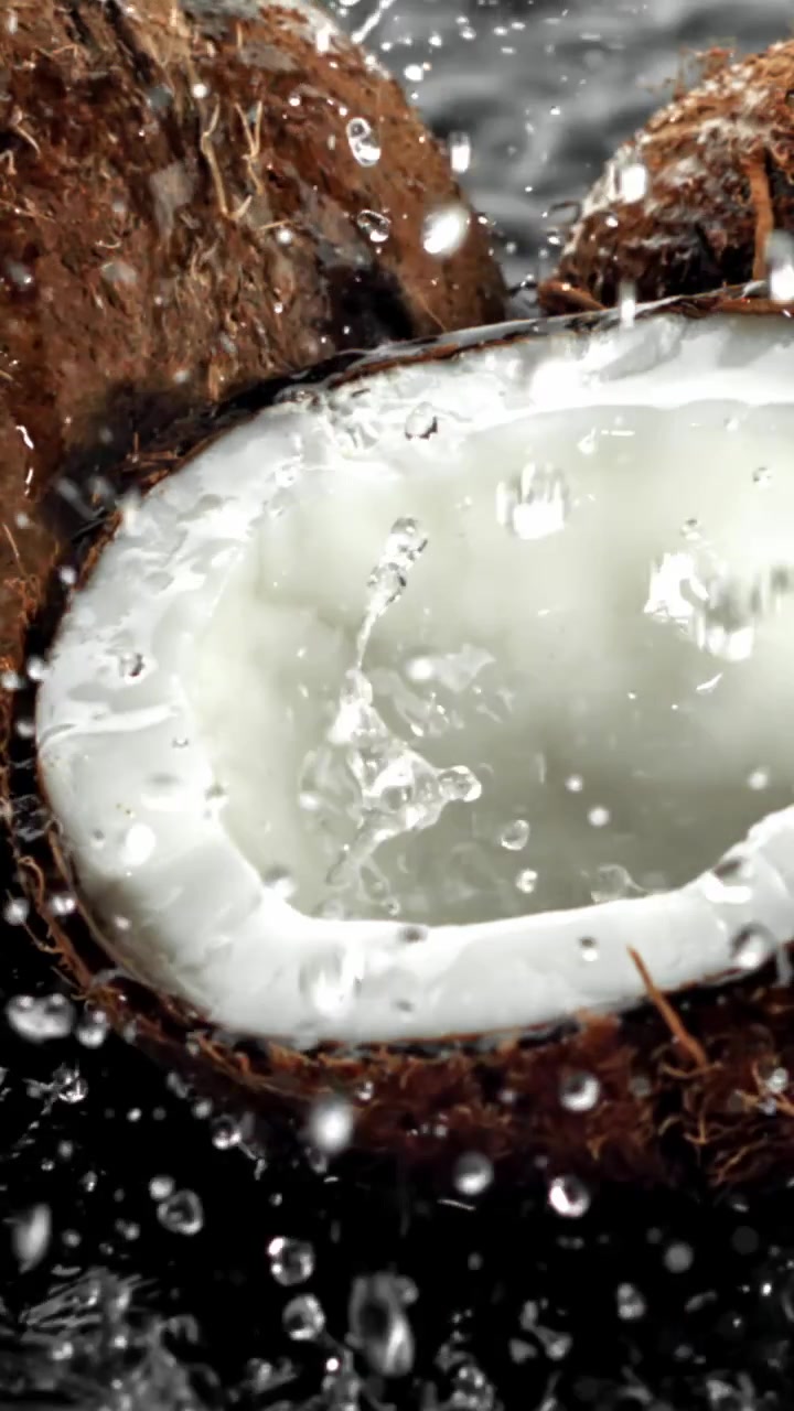Refreshing Water Splashing on a Halved Coconut