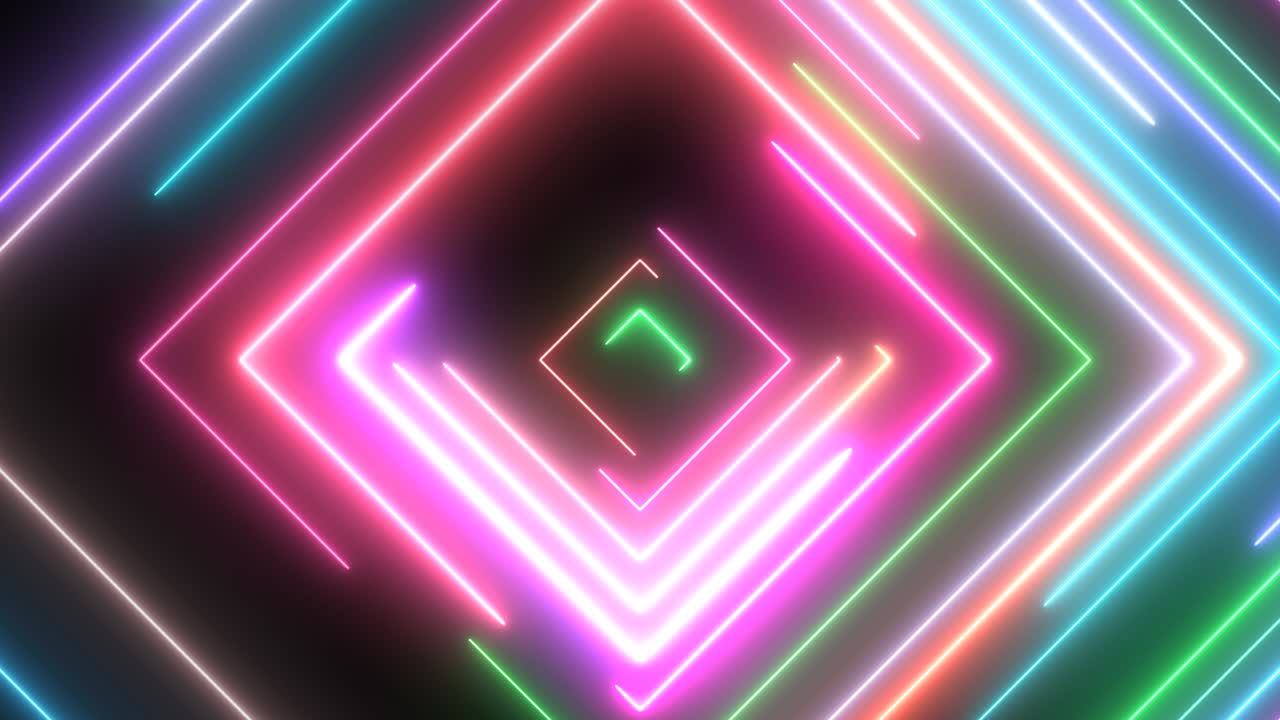 las formas cuadradas de neón brillan con rayos de luz láser eléctricos en movimiento - animación de fondo de movimiento de bucle sin costuras de 4k