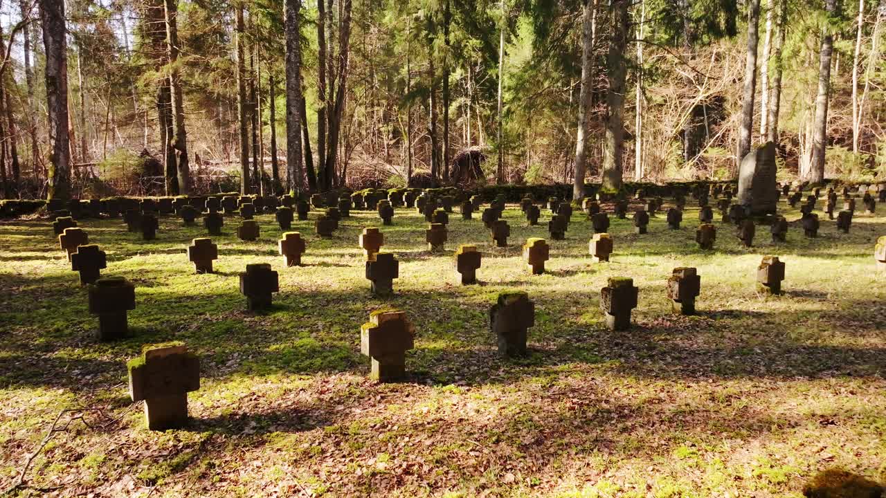 Symmetrical gravestones from WWI rest quietly beneath trees in historic woodland