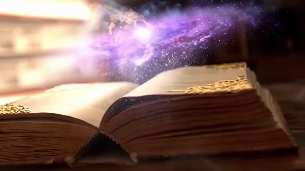 Libro magico che emette particelle luminose. L'inquadratura dal basso cattura un incantevole effetto video. Desktop live.