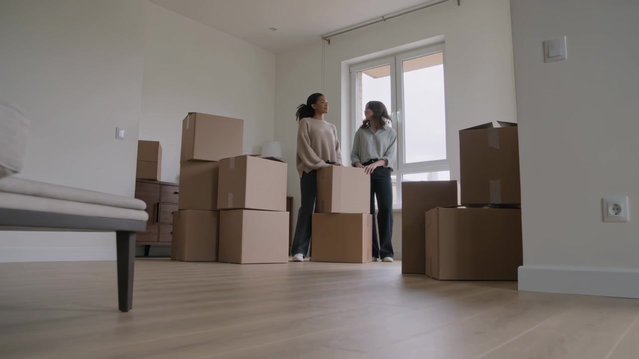 Standing two women in sweaters and sneakers surveying new flat after boxes arrival, leaning on box