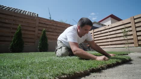 hombre colocando césped en el jardín del patio trasero para la instalación de césped y proyecto de jardinería, centrado en la mejora del hogar y el mantenimiento al aire libre para un césped fresco y verde en un patio residencial
