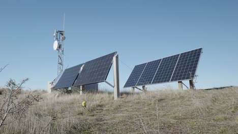 Two-solar-panels-on-grassy-plain-in-sunshine