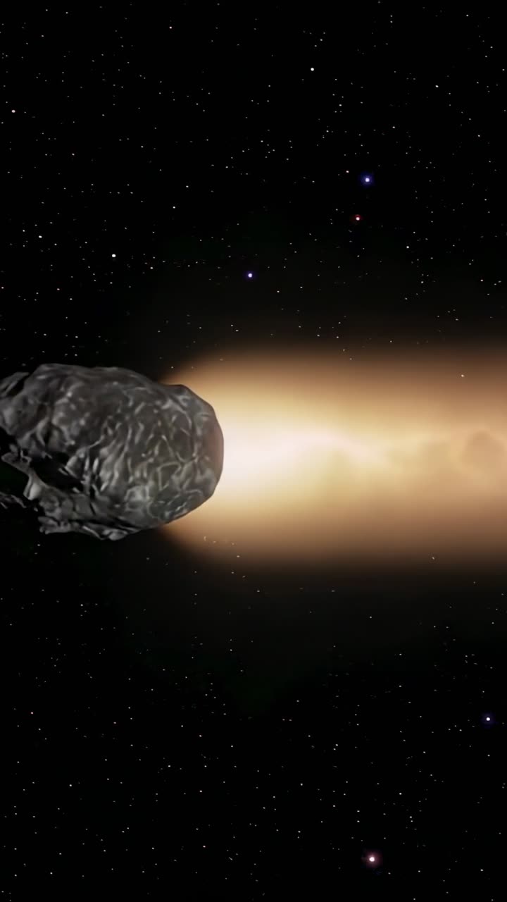 Vertical video: Entering view rocky asteroid drifting past glowing gas band in space, copy space