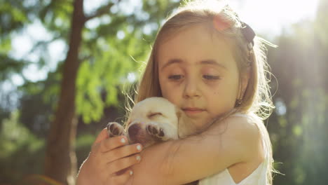 close-up view of a caucasian little girl holding a small labrador puppy while looking at camera in the park on a summer day