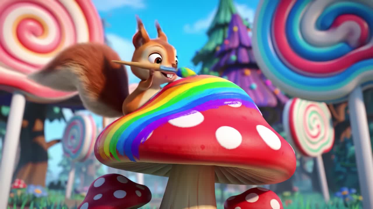A Cheerful Squirrel Painting a Colorful Rainbow on a Giant Mushroom Surrounded by Whimsical Lollipops in a Vibrant Fantasy Landscape