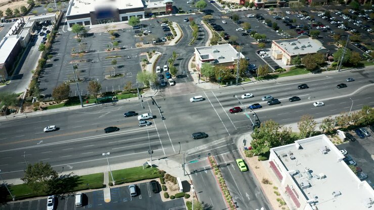 Vehicular traffic in a downtown area intersection - aerial view