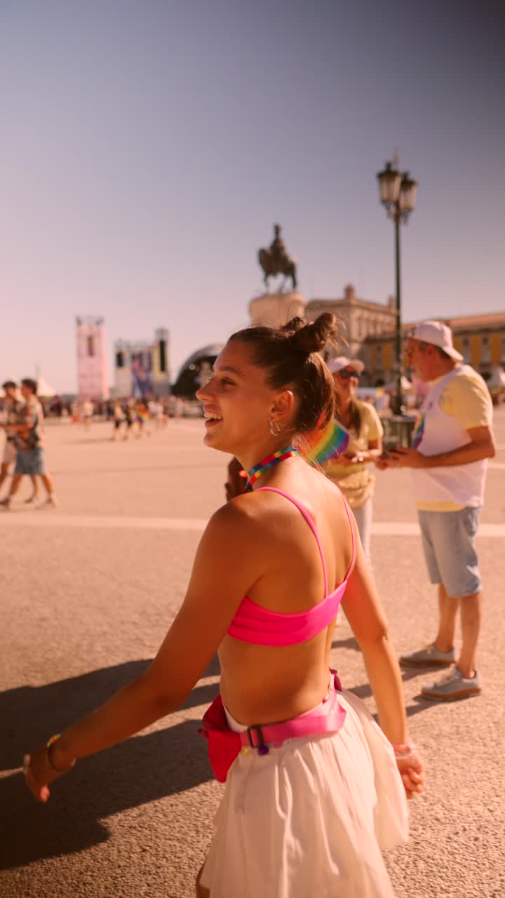 Happy Woman at Pride Parade in a City Square