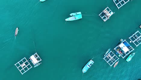 top-down drone shot of fishing boats and floating aqua farming platforms in the waters of phu quoc island, vietnam.