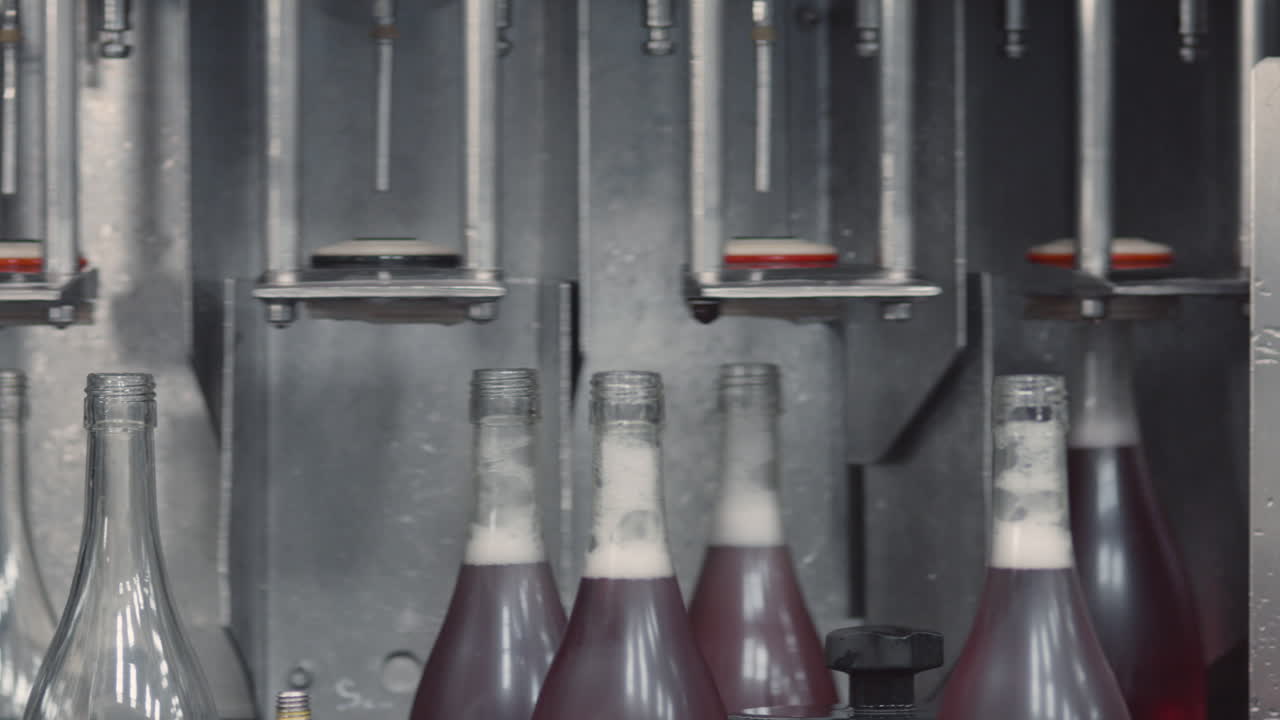Wide shot of a modern factory where glass bottles are automatically filled with wine on a production line.