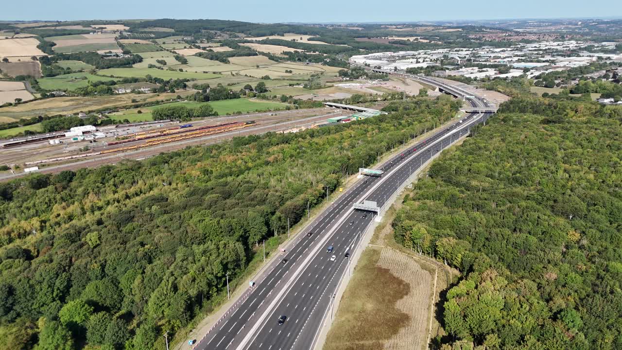 Drone Aerial View of British Motorway in Gateshead, North East England with Traffic Flow